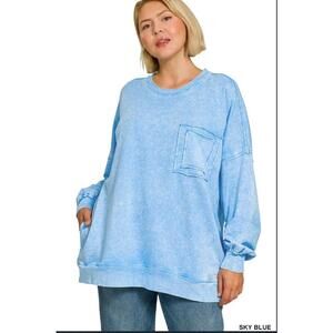 Zenana NWOT Sky Blue Halo Washed French Terry Exposed Seam Sweatshirt Size 3X